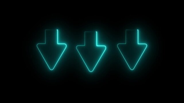 Glowing colorful neon light arrows on black background. Animation of seamless loop. down arrow ,4K Video motion graphic. Animation of glowing colorful neon arrows