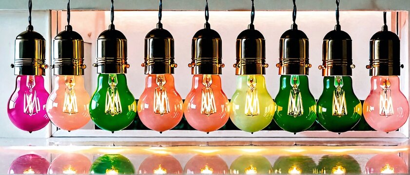 Line of colorful vintage hanging Edison light bulbs with black sockets
