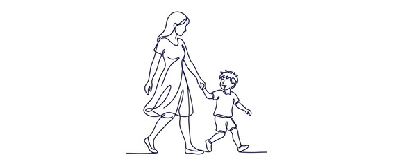 Obraz premium Line art of mother and child walking together