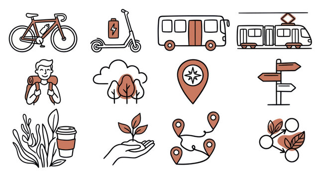 Eco-friendly transportation and sustainable lifestyle icons.