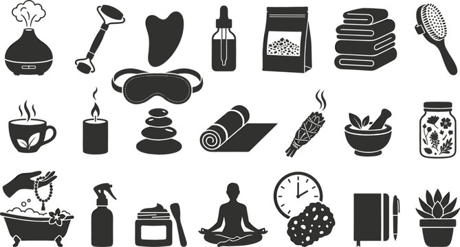 Luxury Wellness Spa and Mindfulness Meditation Icon Set with Gua Sha Jade Rollers, Aromatherapy Essential Oils, Hot Stone Massage Symbols, and Self Care Skincare Graphics