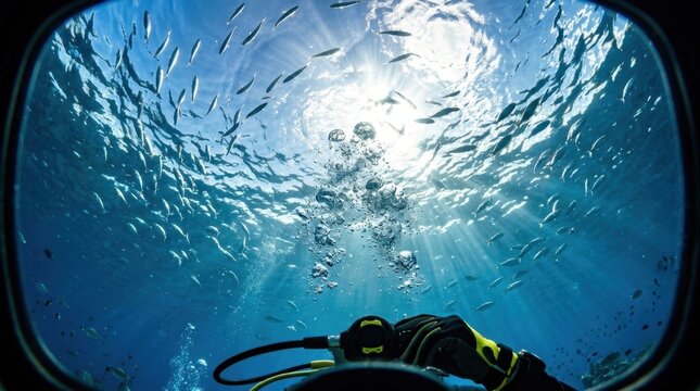 Underwater Scuba Diving Adventure Exploring Ocean Depths Through Submarine Window in Clear Blue Marine Environment