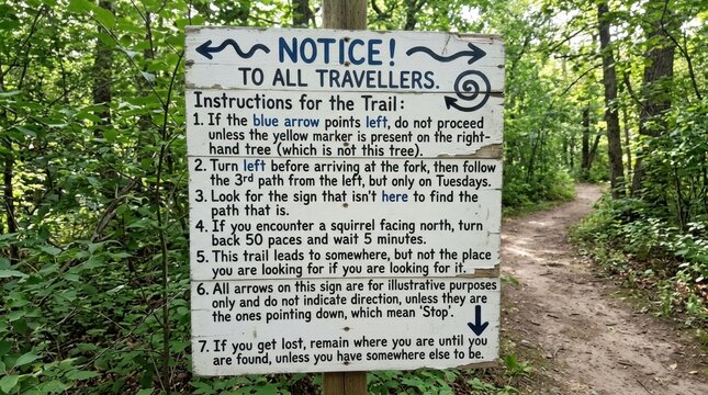 Warning Sign for Pedestrian Safety and Traffic Rules on Forest Trail Path, Outdoor Nature Environment, Front View, Informational Concept