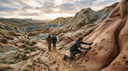 Fototapeta premium Exploring Geological Formations with Hikers in Desert Landscape, Nature Photography, Wide-Angle View, Outdoor Adventure Concept