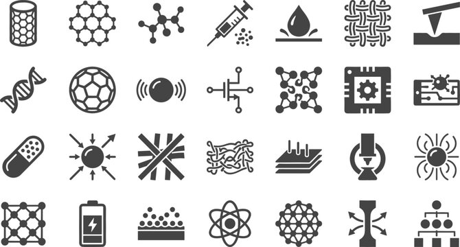 Nanotechnology and Advanced Materials Engineering Icon Set with Carbon Nanotubes, Graphene Lattice Structures, Quantum Dot Symbols, and Biotechnology Science Elements