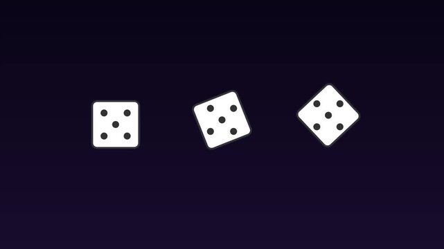 Three animation 4k white dice rolling and spinning on a dark background, for casino and, gambling concepts