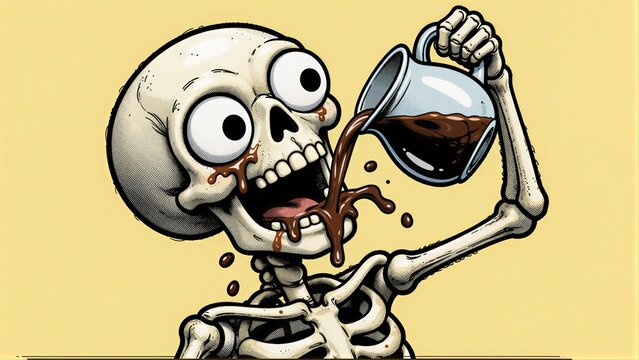 Skeleton drinks chocolate, eyes wide with delight against a yellow background.