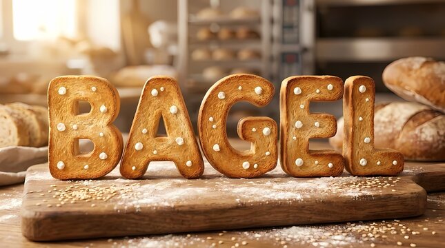 Sesame bagel bread letters spelling BAGEL on wooden board.
