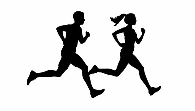 Silhouette of Running Man and Woman in Motion Isolated on White Background