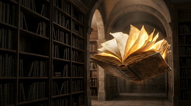 Glowing antique book floating in a dark historic library at night