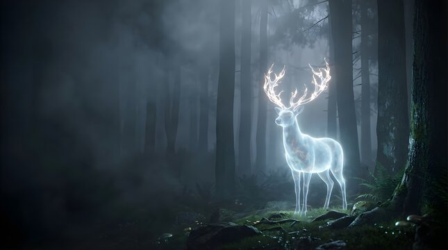Glowing ethereal deer with flame antlers standing in a dark misty forest