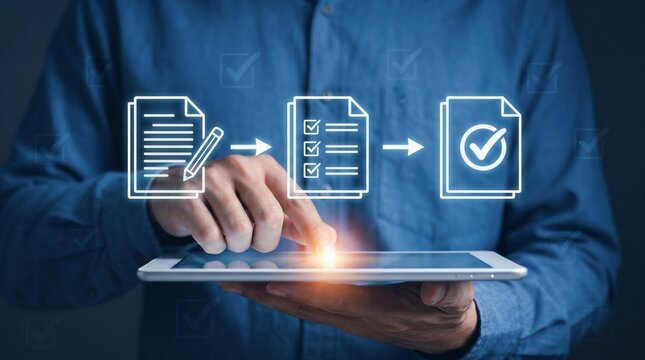 Man Pointing at Digital Tablet Displaying Electronic Document Management Workflow Process