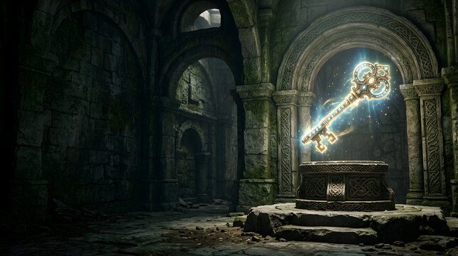 Glowing magical golden key floating inside an ancient stone castle hall