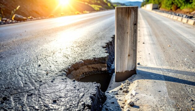Pothole on a road with wooden post.