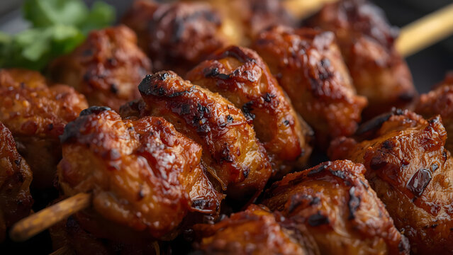 Delicious Grilled Chicken Skewers Close-Up with Herbs, Perfect for BBQ and Summer Grilling