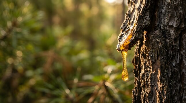 Golden pine resin dripping from a tree bark in a sunlit forest