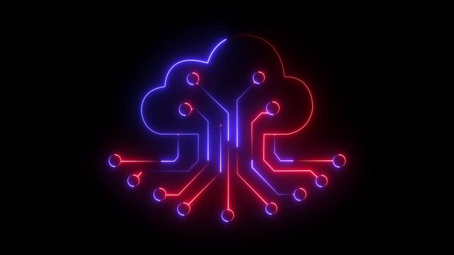 Human brain with tech icon. Neon icon with silhouette man head gears. Mental health concept. Abstract circuit brain animation on display 