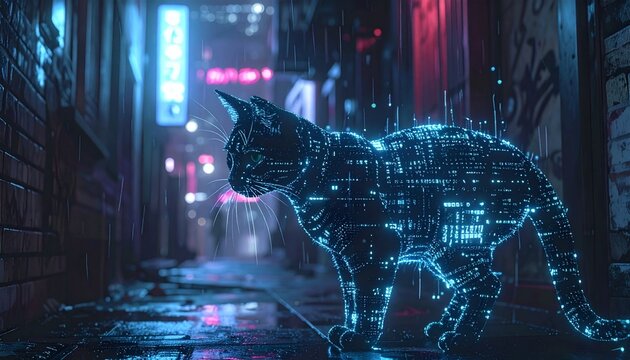 Futuristic Neon Cat in Cyberpunk City Alley