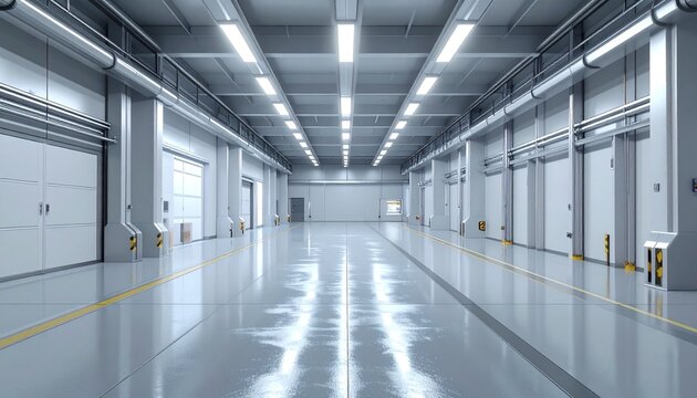 Empty Warehouse Interior with Rolling Doors