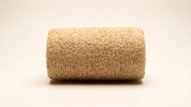 Natural loofah sponge isolated on a beige background, sustainable exfoliating bath accessory for body cleansing, skincare, spa treatments and eco friendly care.