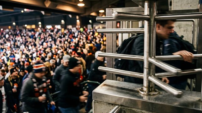 Man passing through a metal turnstile at a crowded sports stadium entrance