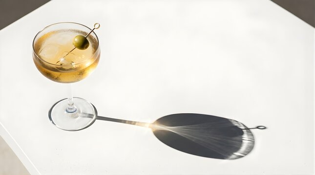 Martini cocktail with olive in a glass on a white table with sharp shadow