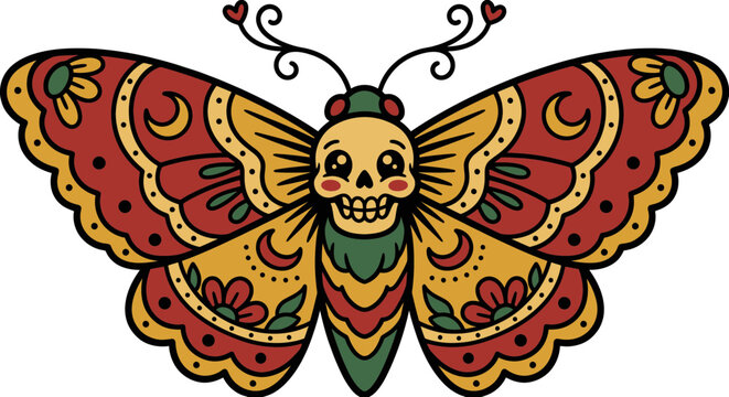 Death's Head Moth Skull Tattoo Art, Celestial Design, Vintage Style