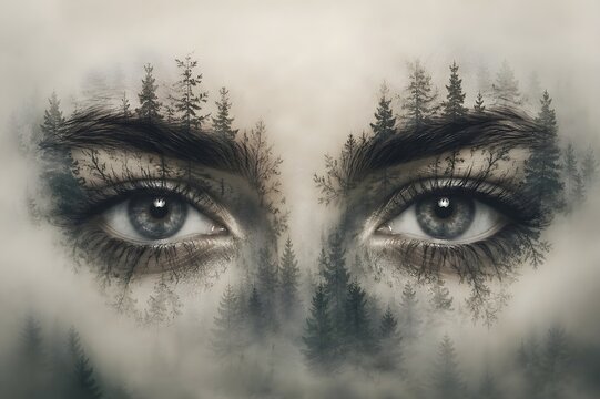 Double exposure surreal portrait of human eyes merged with a misty pine forest and foggy nature landscape