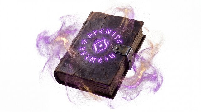 Ancient magical grimoire with glowing purple runes