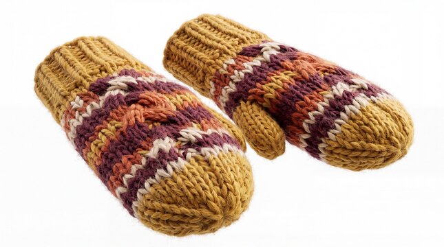 Cozy colorful knitted winter mittens isolated on white