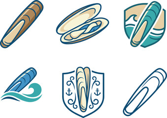 Razor Clam Seafood Logo Template Set Featuring Open Shell Coastal Ocean Waves Shield Badge and Anchor Vector IllustrationsRazor Clam Seafood Logo Template Set Featuring Open Shell Coastal Ocean Waves  © Mohammad