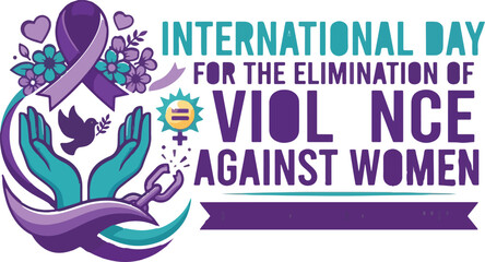 Fototapeta premium International Day for the Elimination of Violence Against Women poster design. Purple ribbon campaign graphic with awareness message for gender-bas...