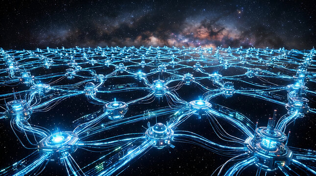 Glowing blue network nodes connected by illuminated wires against a cosmic nebula conceptualizing data transfer