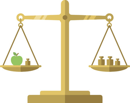 Flat vector illustration of a golden balance scale with a green apple and small weights on one side and larger weights on the other, symbolizing balance, health, measurement, fairness, comparison, and