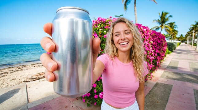 Summer Lifestyle Mockup with Woman Presenting Blank Beverage Can on Tropical Beach Walkway