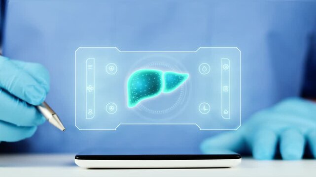 The doctor presents the digital liver interface on his tablet. Concept of hepatology, AI-powered telemedicine, liver monitoring, liver analysis, and medical diagnosis.
