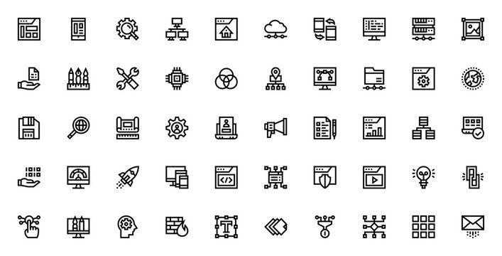 Web development icon set. Minimalist icons pack. Features: interface, mobile, programming, data, search, speed, startup, backlink, firewall and more. Editable stroke.