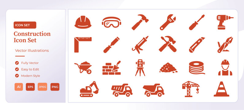 Construction and building tools equipment icons set