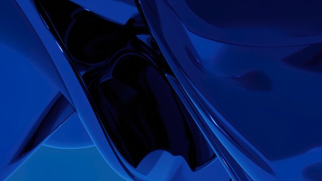Dark blue abstract shapes with glossy surfaces create a futuristic and flowing three dimensional background.