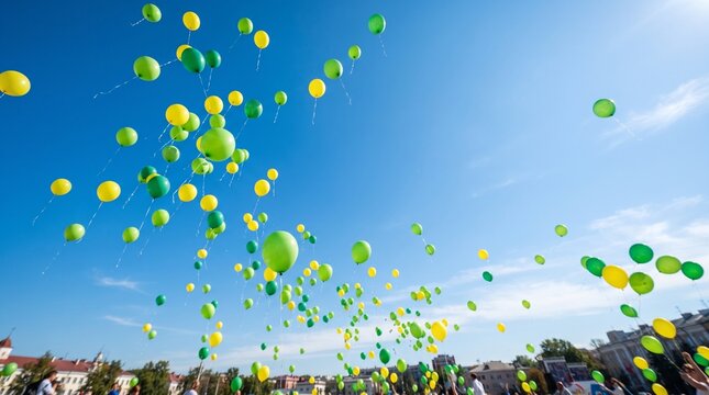 Celebration event with numerous green and yellow balloons floating in clear blue sky