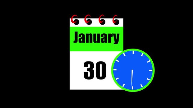 January month 30 date calendar icon animation. Animated Calendar Icon Showing Date Change with Clock Symbol for Appointment Scheduling and Deadlines. Modern design calendar symbol background 4k video.