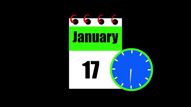 January month 17 date calendar icon animation. Animated Calendar Icon Showing Date Change with Clock Symbol for Appointment Scheduling and Deadlines. Modern design calendar symbol background 4k video.