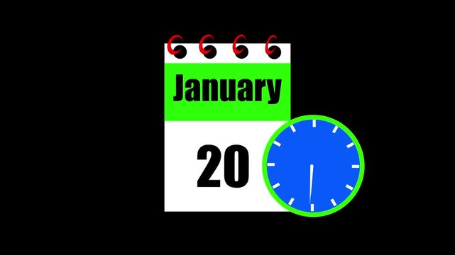 January month 20 date calendar icon animation. Animated Calendar Icon Showing Date Change with Clock Symbol for Appointment Scheduling and Deadlines. Modern design calendar symbol background 4k video.
