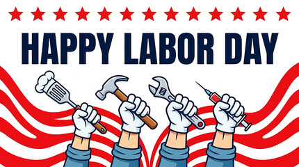 Obraz premium Happy labor day illustration with various professional tools held by gloved hands isolated on white background