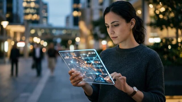 Shot of a developer interacting with a tablet showing transparent flow analytics of an autonomous funds transaction history surrounding environment blurred.