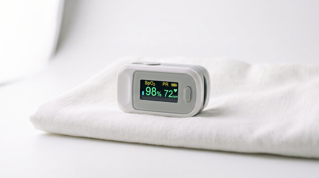 Portable pulse oximeter displaying vital oxygen saturation level on cloth