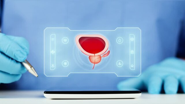 The doctor presents the digital prostate interface on his tablet. Concept of urology, AI-powered telemedicine, prostate monitoring, analysis, and medical diagnosis.