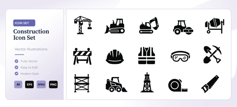Construction tools equipment and safety icon set