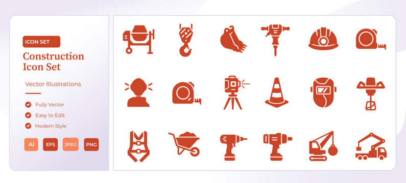 Construction tools and equipment flat vector icon set
