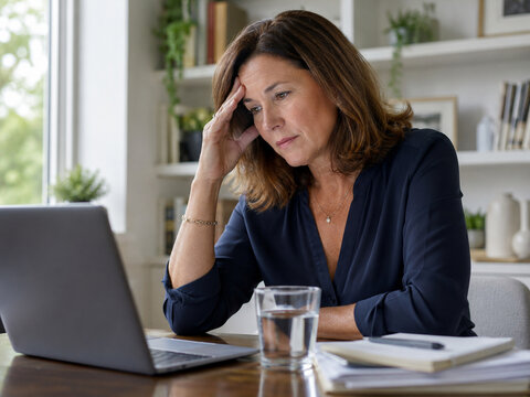 Professional midlife woman pauses at a home-office desk with a tired expression, illustrating perimenopause fatigue, brain fog, stress, and work-life balance.